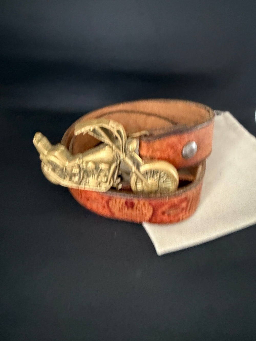 Harley Davidson Solid Brass Brown Leather Belt with Gold Motorcycle Buckle - Picture 8 of 10